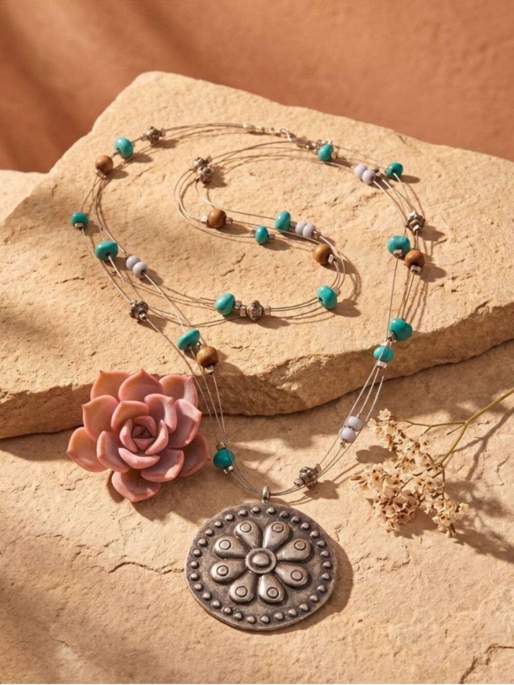 New York & Company Silver Medallion Necklace with Turquoise and Brown Beads